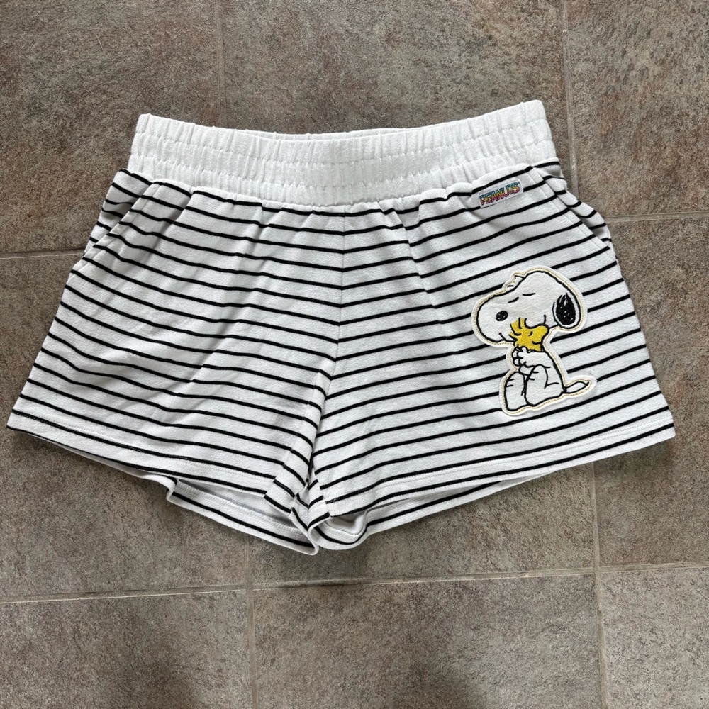Peanuts Arctic White Sleepwear Shorts with Black Stripes and Snoopy Patch